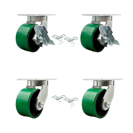 Service Caster 6'' Heavy Duty Green Poly on Cast Iron Caster Set 4 Swivel Locks 2 Brakes, 4PK CRAN-KP92S630-PUR-GB-SLB-BSL-2-BSL-2